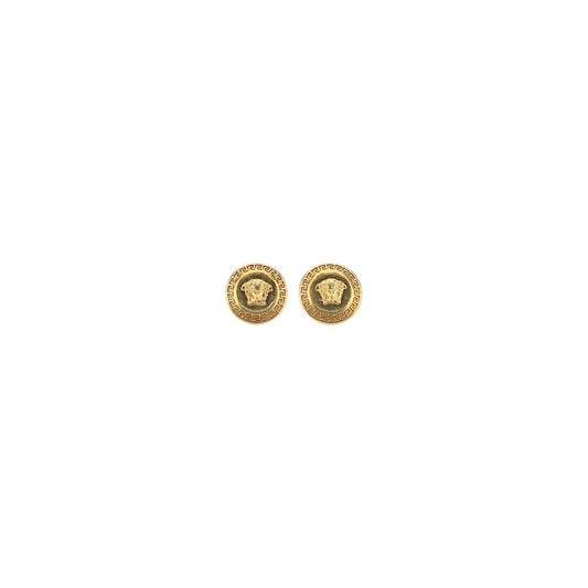Gold round Medusa head stud earrings with Greek key border on white background