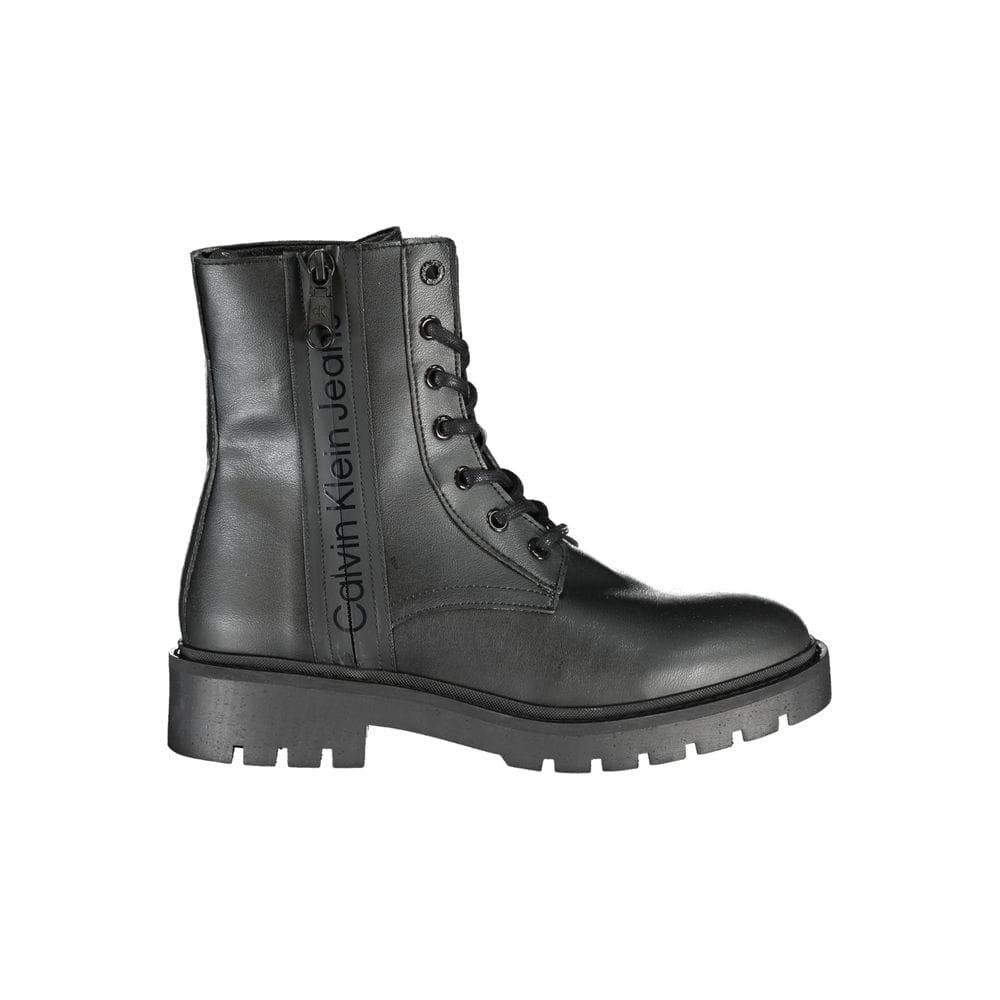 Black leather combat boot with Calvin Klein Jeans logo, chunky sole, side zipper