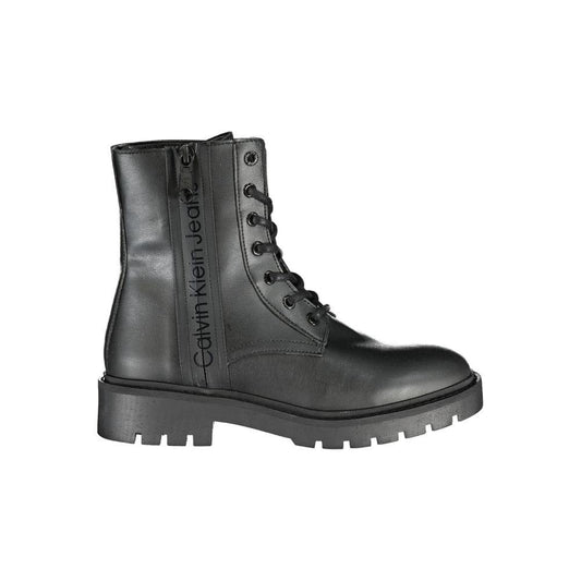 Black leather combat boot with Calvin Klein Jeans logo, chunky sole, side zipper