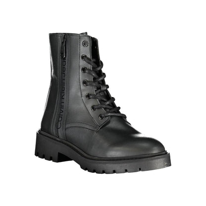 Black leather lace-up combat boot with side zipper and chunky sole