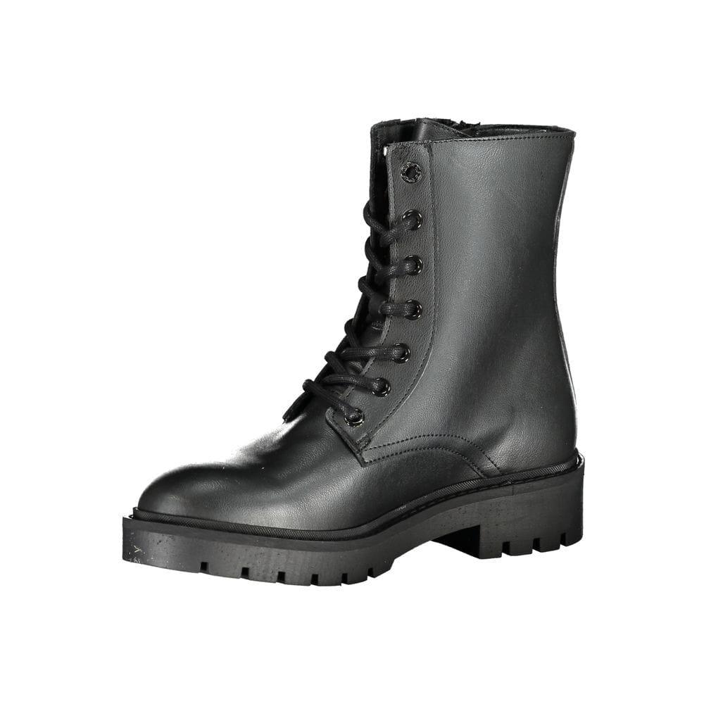 Black leather lace-up combat boot with chunky sole on white background
