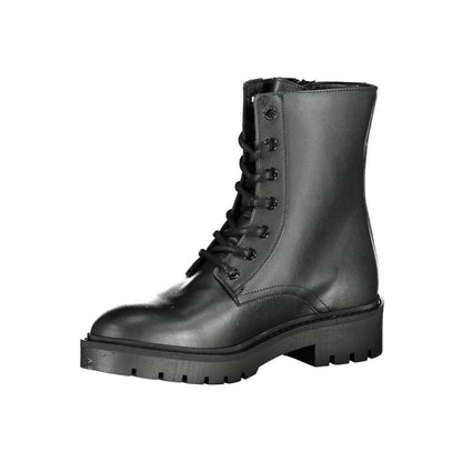 Black leather lace-up combat boot with chunky sole on white background