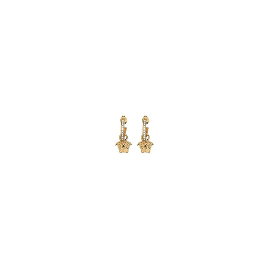 Gold Medusa drop earrings with crystal accents on white background