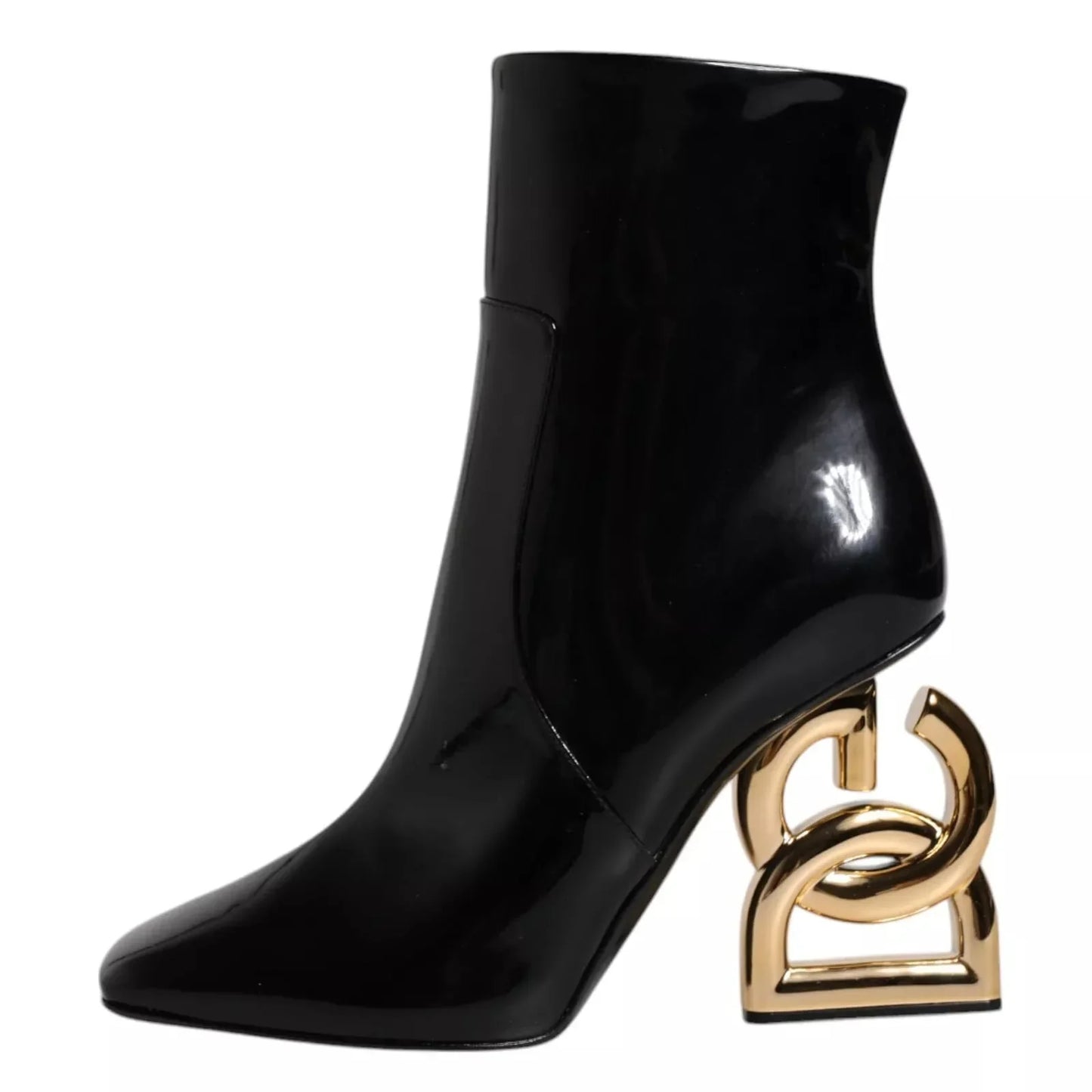 Black patent ankle boot with unique sculptural gold heel, luxury designer footwear