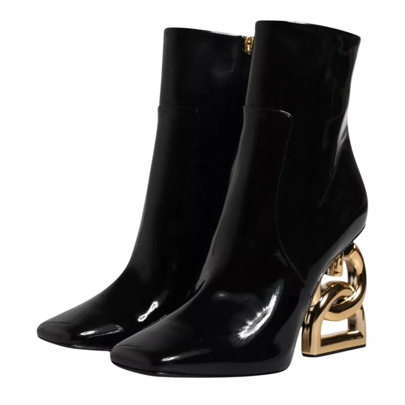 Black patent leather ankle boots with gold chain block heels, luxury designer footwear