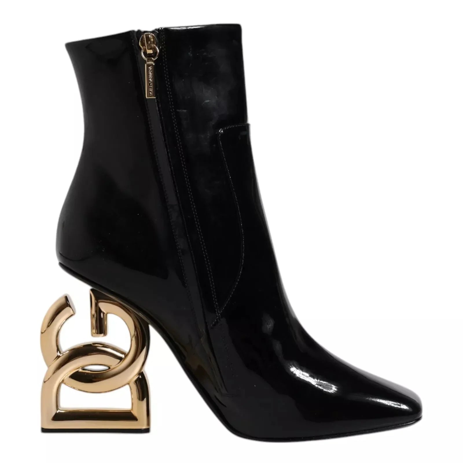 Black patent ankle boot with unique sculptural gold heel, luxury women's designer footwear