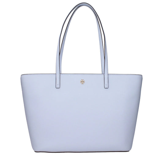 Light blue leather tote bag with dual handles and gold-tone logo on front