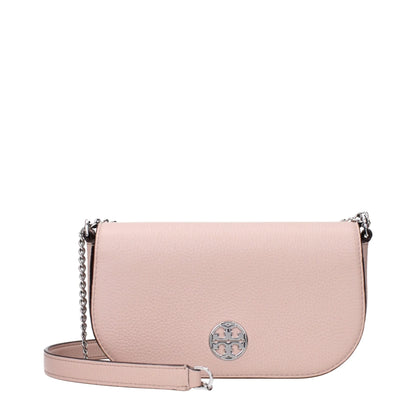 Light pink leather crossbody bag with silver logo and chain strap