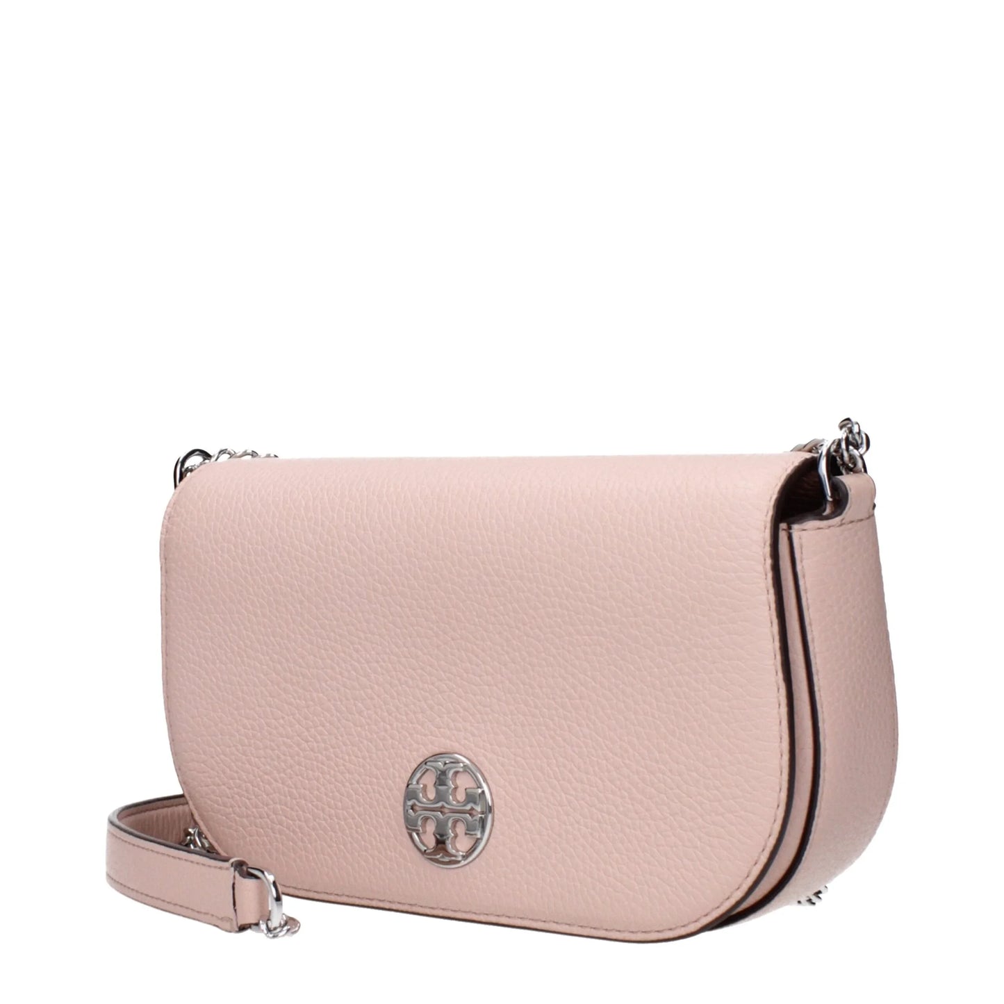 Pink leather crossbody bag with silver logo emblem and chain strap