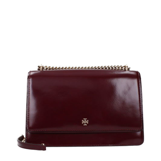 Burgundy leather designer shoulder bag with gold chain strap and logo detail