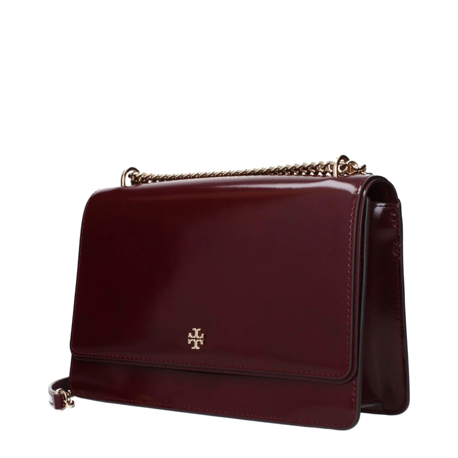 Burgundy leather shoulder bag with gold chain strap and metal logo detail