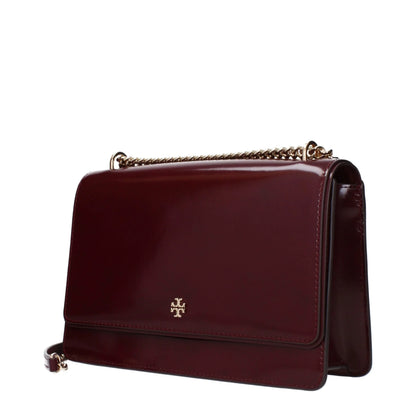 Burgundy leather shoulder bag with gold chain strap and metal logo detail
