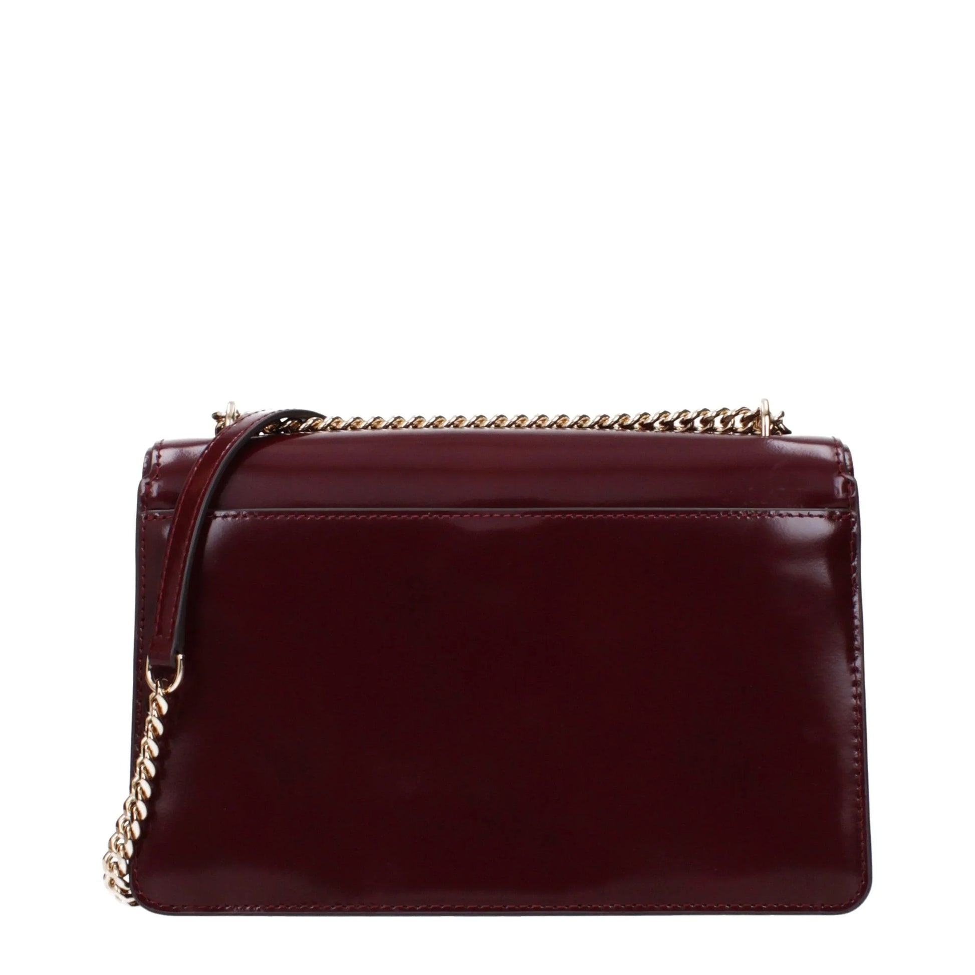 Burgundy patent leather shoulder bag with gold chain strap, luxury accessory