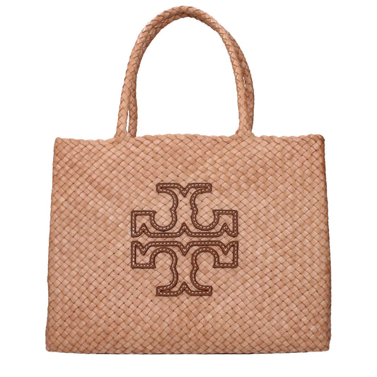 Woven tan leather tote bag with stitched logo and double handles