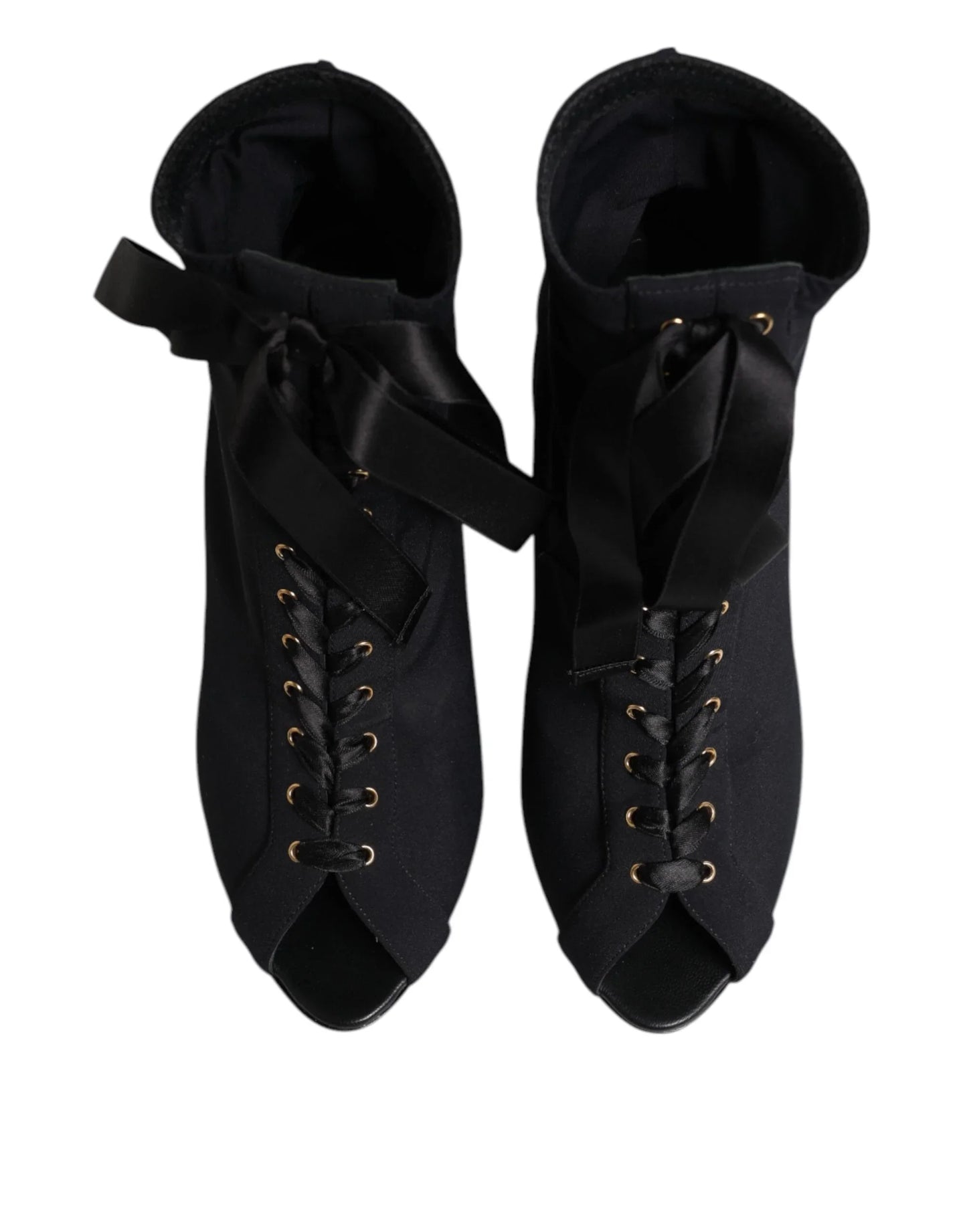 Black lace-up peep toe ankle boots with satin ribbon detail, viewed from above