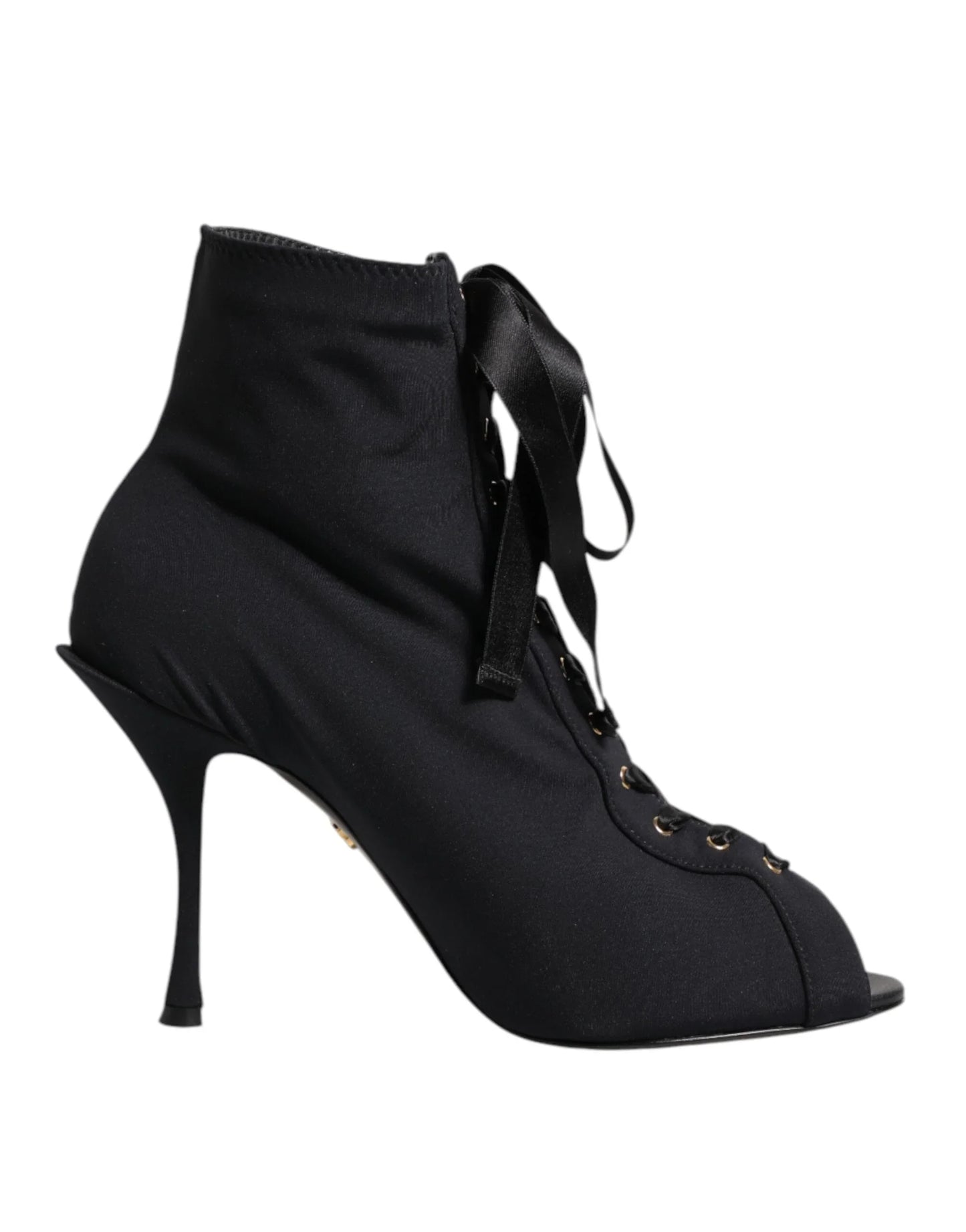 Black lace-up stiletto ankle boot with peep toe and ribbon laces on white background