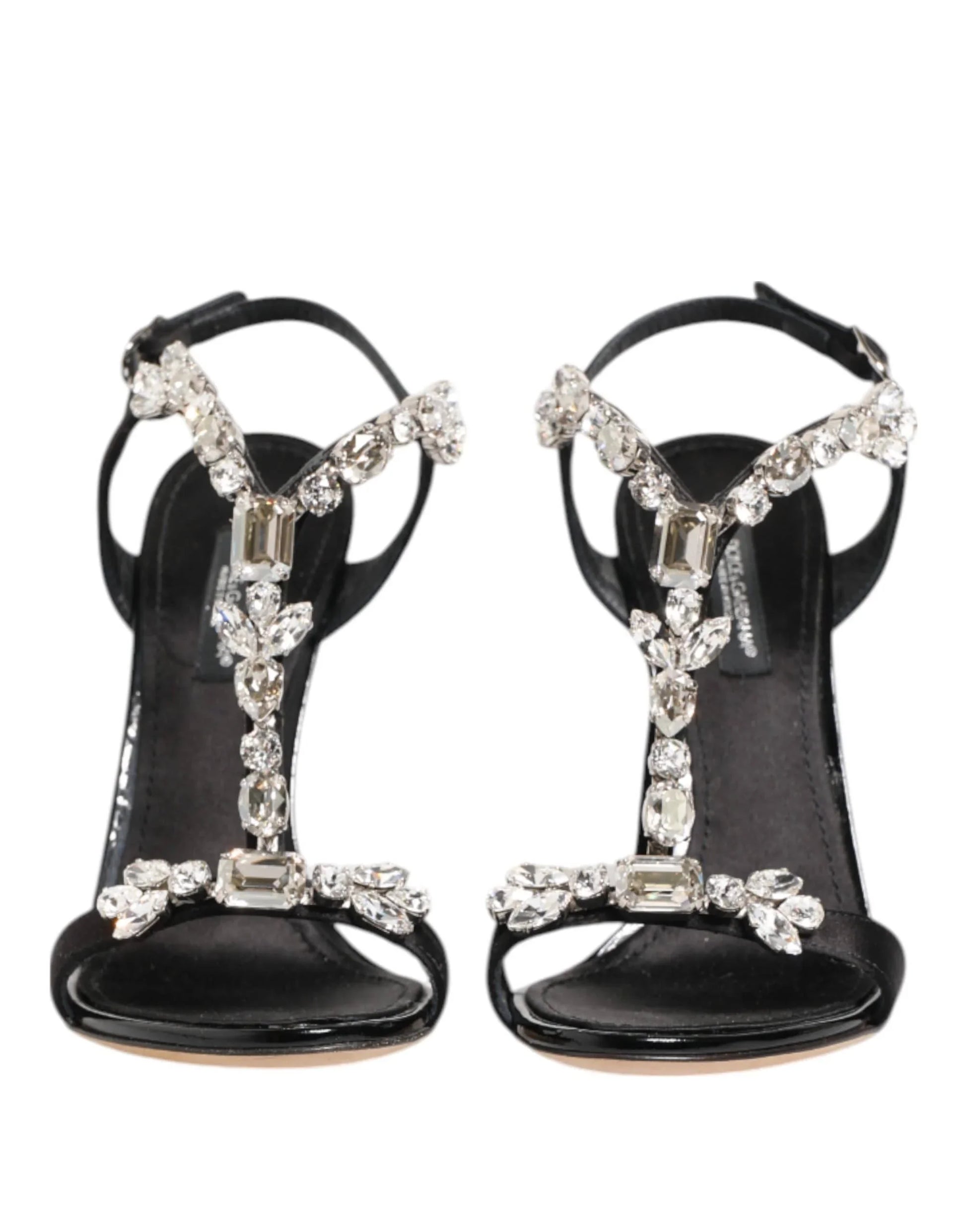 Black high heel sandals with crystal embellishments and ankle straps