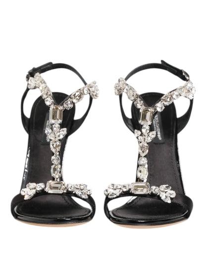 Black high heel sandals with crystal embellishments and ankle straps