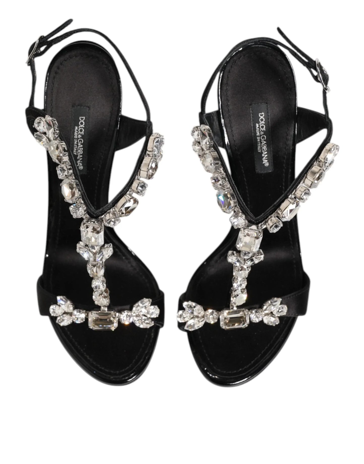 Black strappy sandals with crystal embellishments and ankle straps, luxury designer footwear