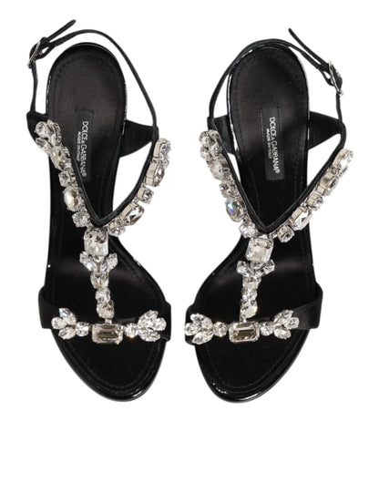 Black strappy sandals with crystal embellishments and ankle straps, luxury designer footwear
