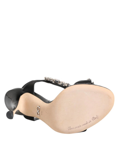 Black patent leather sandal with jeweled strap, mid-heel, and Italian-made sole
