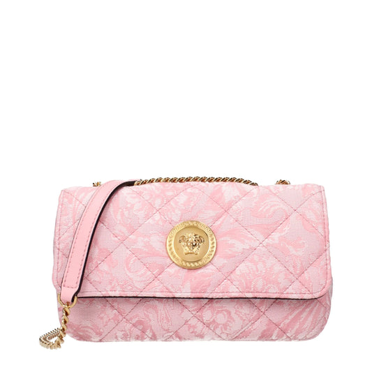 Pink quilted designer shoulder bag with gold Medusa emblem and chain strap