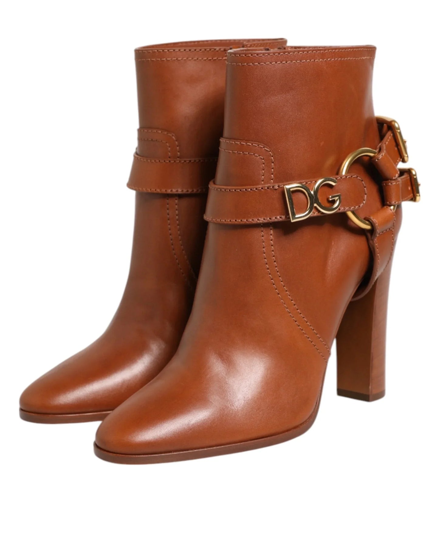 Women's brown leather ankle boots with gold DG hardware and block heel