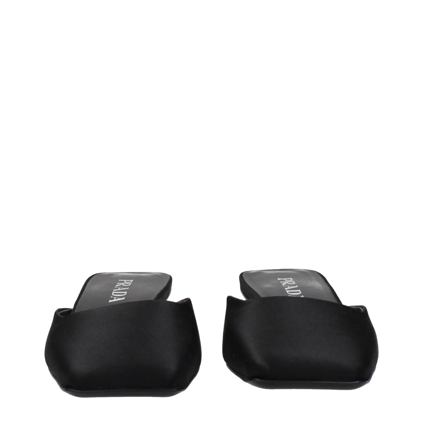 Black satin square-toe slip-on mule sandals with low heels on white background