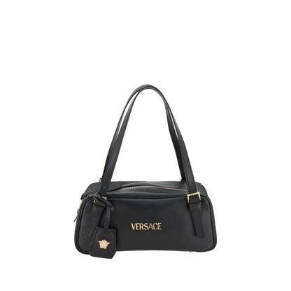 Black Versace leather shoulder bag with gold hardware and logo, luxury designer accessory