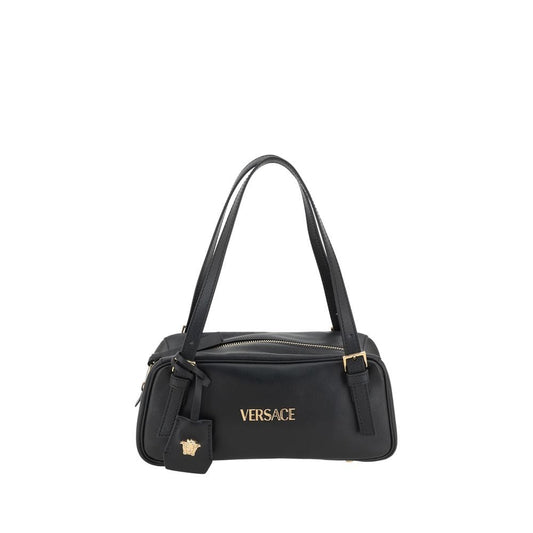 Black Versace leather shoulder bag with gold hardware and logo, luxury designer accessory