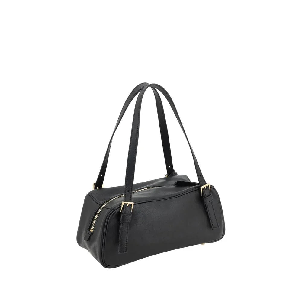 Black leather designer shoulder bag with gold-tone hardware and dual top handles