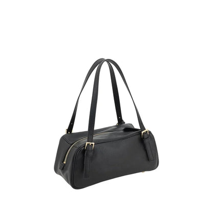 Black leather designer shoulder bag with gold-tone hardware and dual top handles