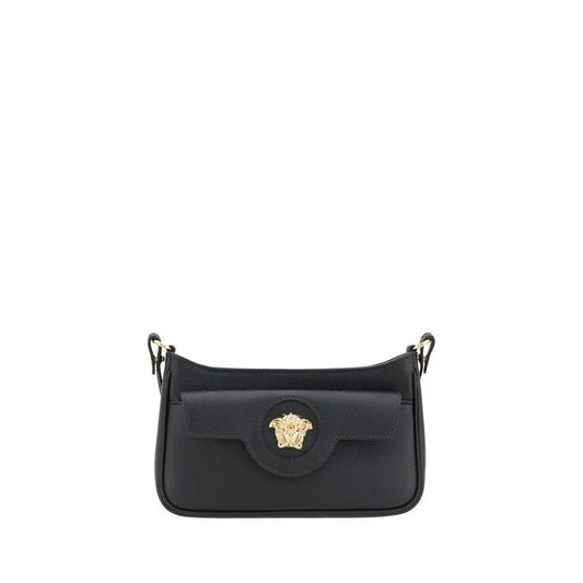Black leather designer shoulder bag with gold Medusa emblem and detachable strap