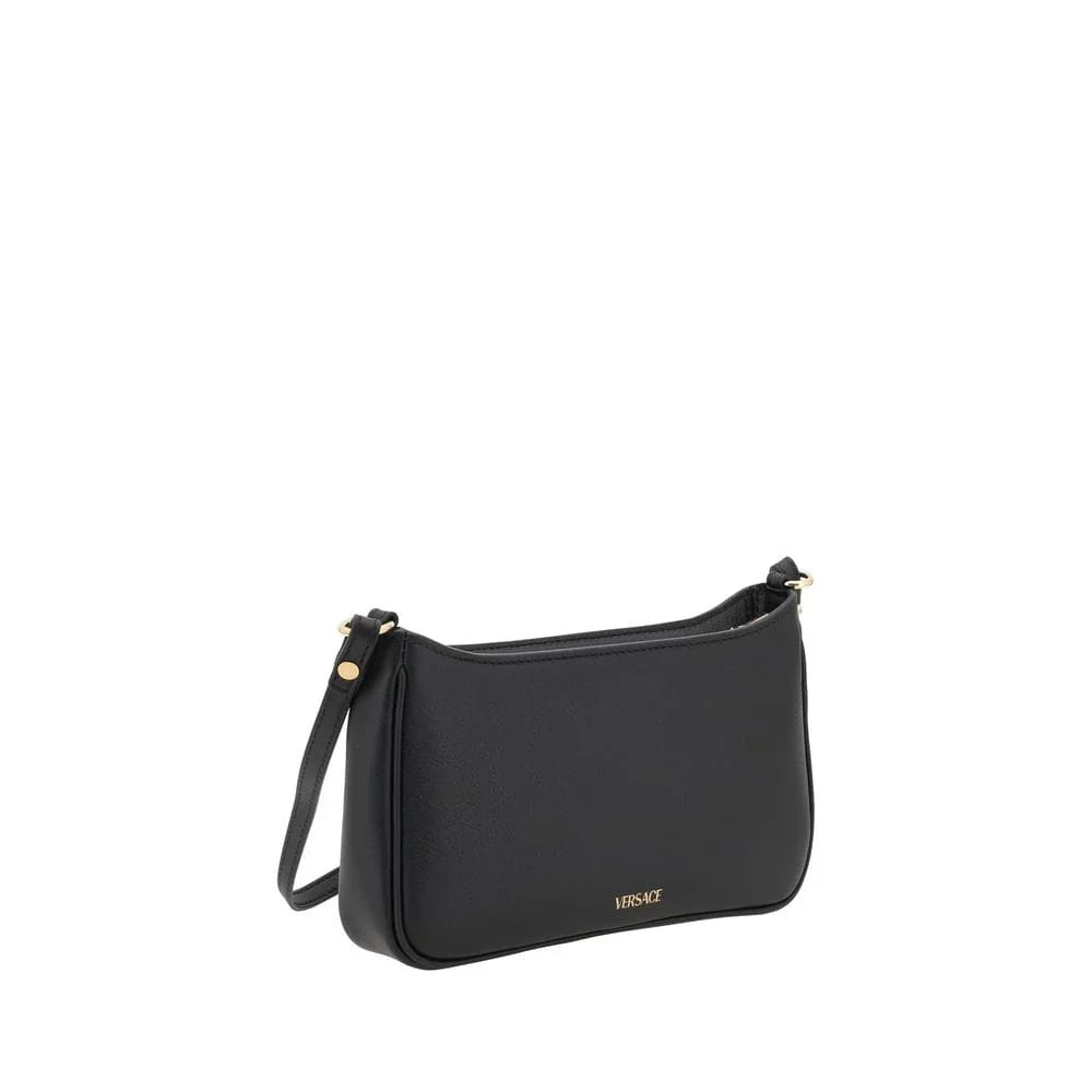 Black leather Versace shoulder bag with gold hardware and logo, minimalist design