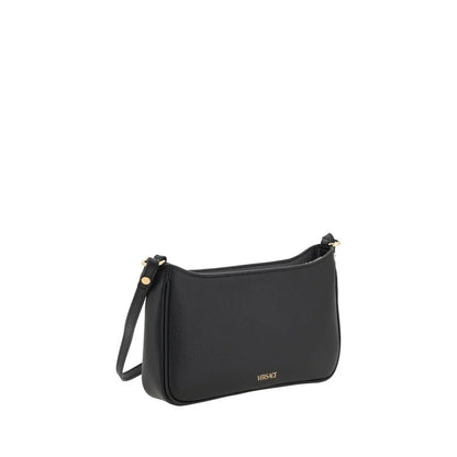 Black leather Versace shoulder bag with gold hardware and logo, minimalist design