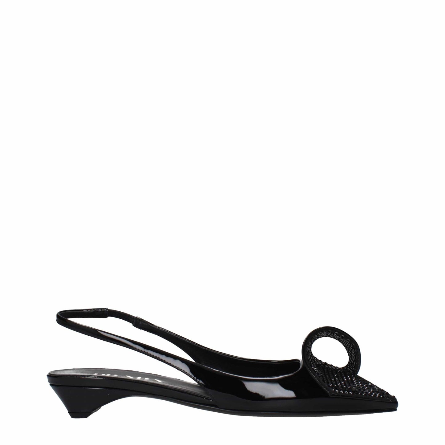 Black patent leather slingback kitten heel shoe with pointed toe and decorative loop detail