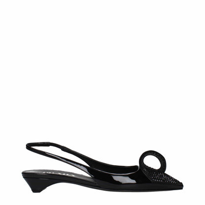 Black patent leather slingback kitten heel shoe with pointed toe and decorative loop detail