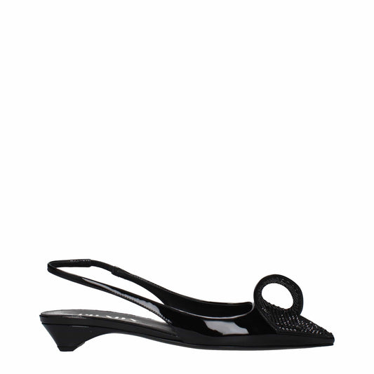 Black patent leather slingback kitten heel shoe with pointed toe and decorative loop detail