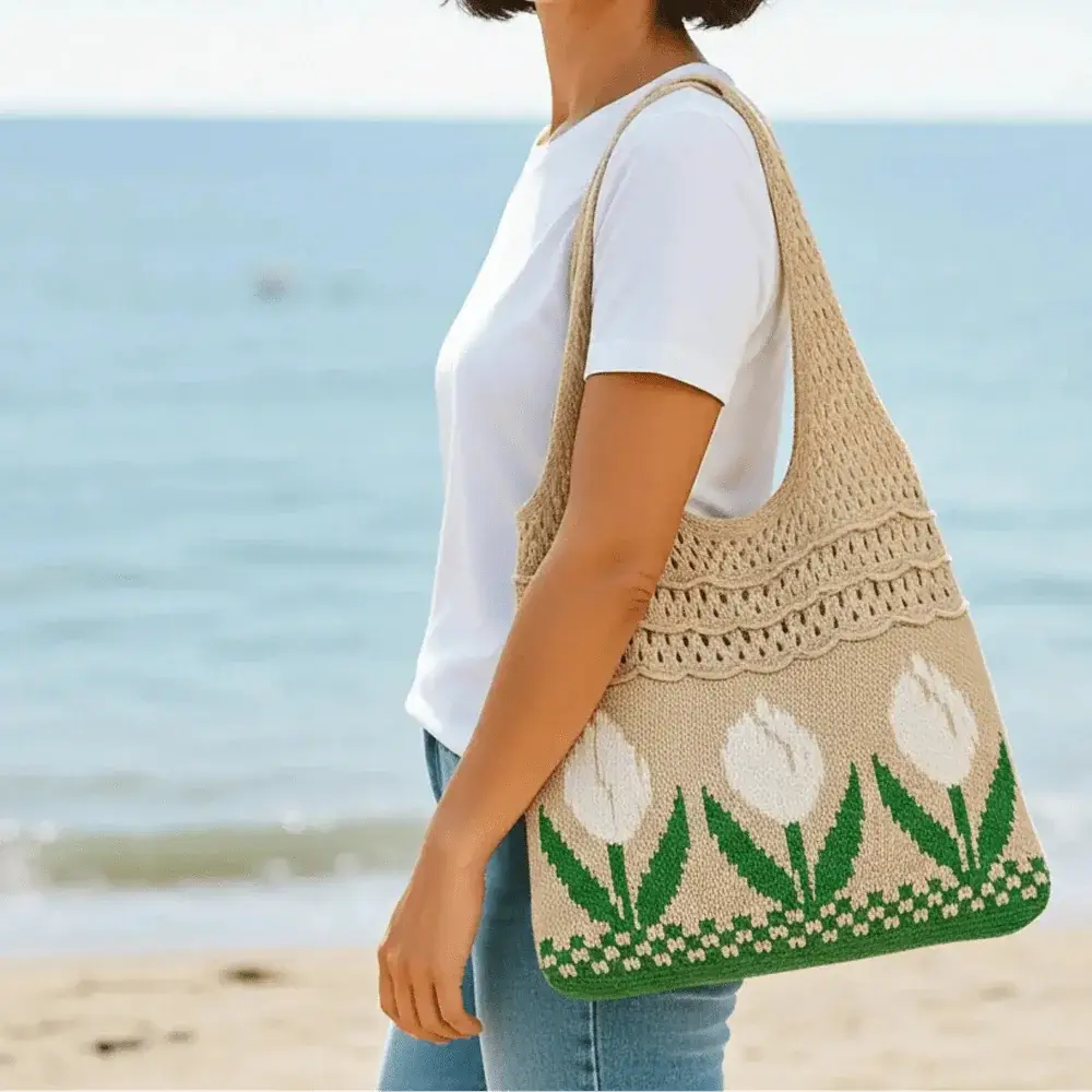 Woman holding beige crochet knit tote bag with white tulip design at the beach