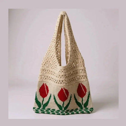 Beige crochet tote bag with red tulip flower pattern and open knit handles