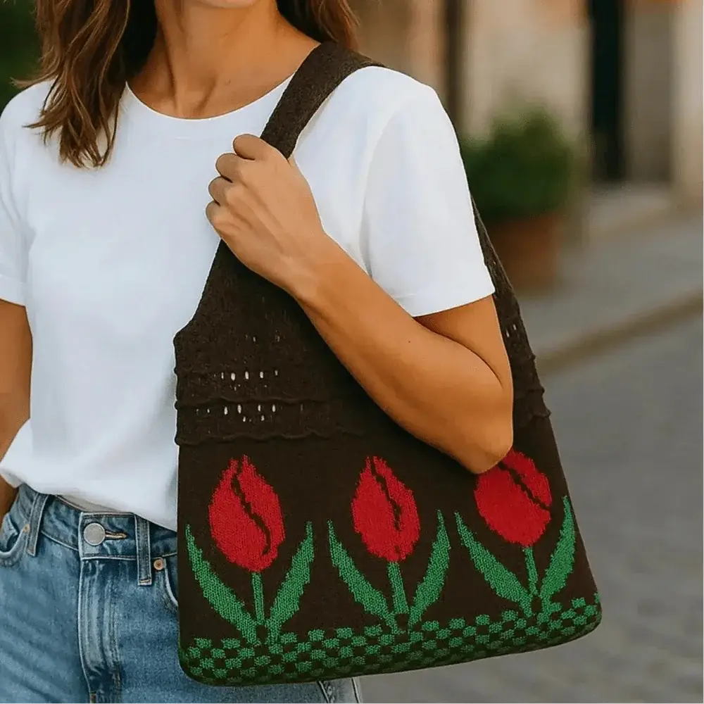 Brown crochet tote bag with red tulip pattern, worn over shoulder outdoors