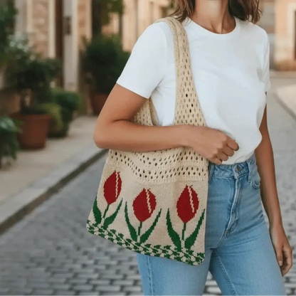 Beige crochet tote bag with red tulip pattern, worn over the shoulder, casual outfit