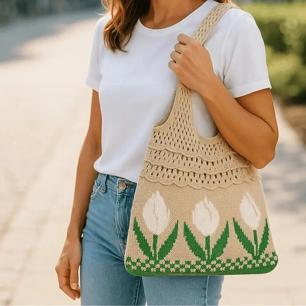Beige crochet tote bag with white tulip design, held by woman in casual outfit outdoors.