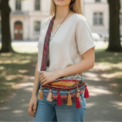Colorful woven crossbody bag with tassels, decorative strap, and zipper, worn outdoors
