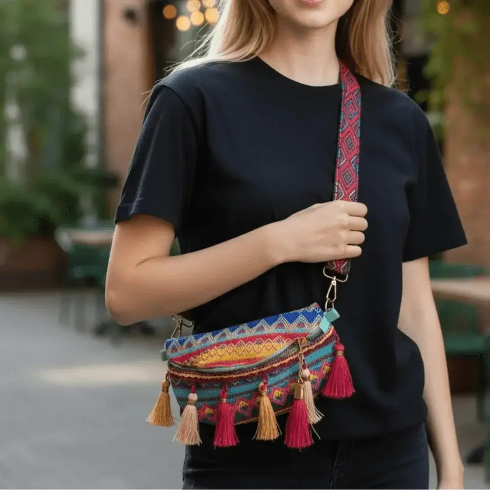 Colorful woven crossbody bag with tassels and zipper, worn by woman outdoors