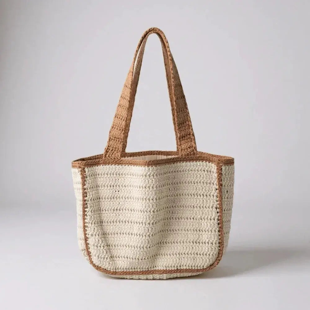 Handmade crochet tote bag with beige and brown cotton yarn, boho shoulder bag style