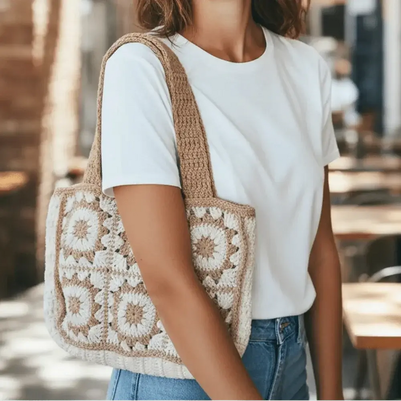 Handmade crochet tote bag with boho pattern in beige and white, cotton yarn, worn on shoulder