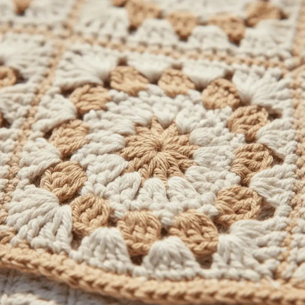 Close-up of handmade crochet tote bag with beige and cream cotton yarn granny squares