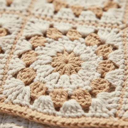 Close-up of handmade crochet tote bag with beige and cream cotton yarn granny squares