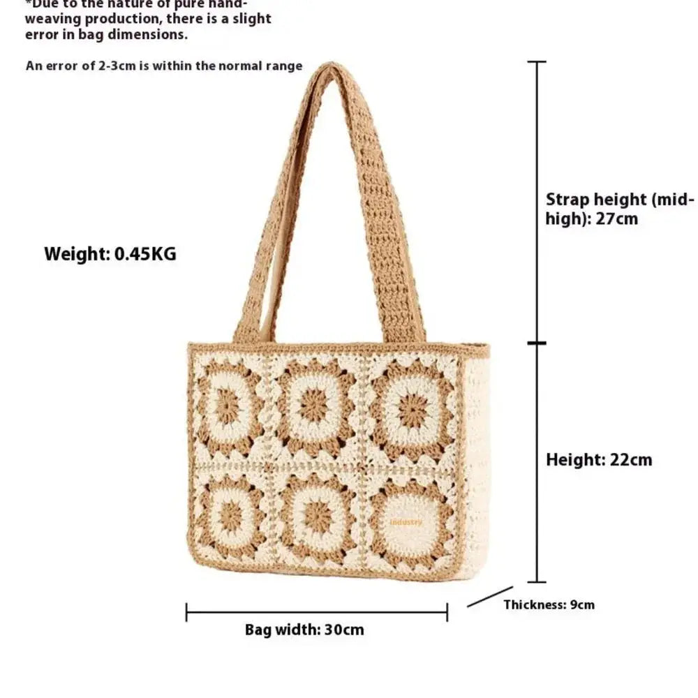 Handmade crochet tote bag in beige cotton yarn with floral pattern and measurement details
